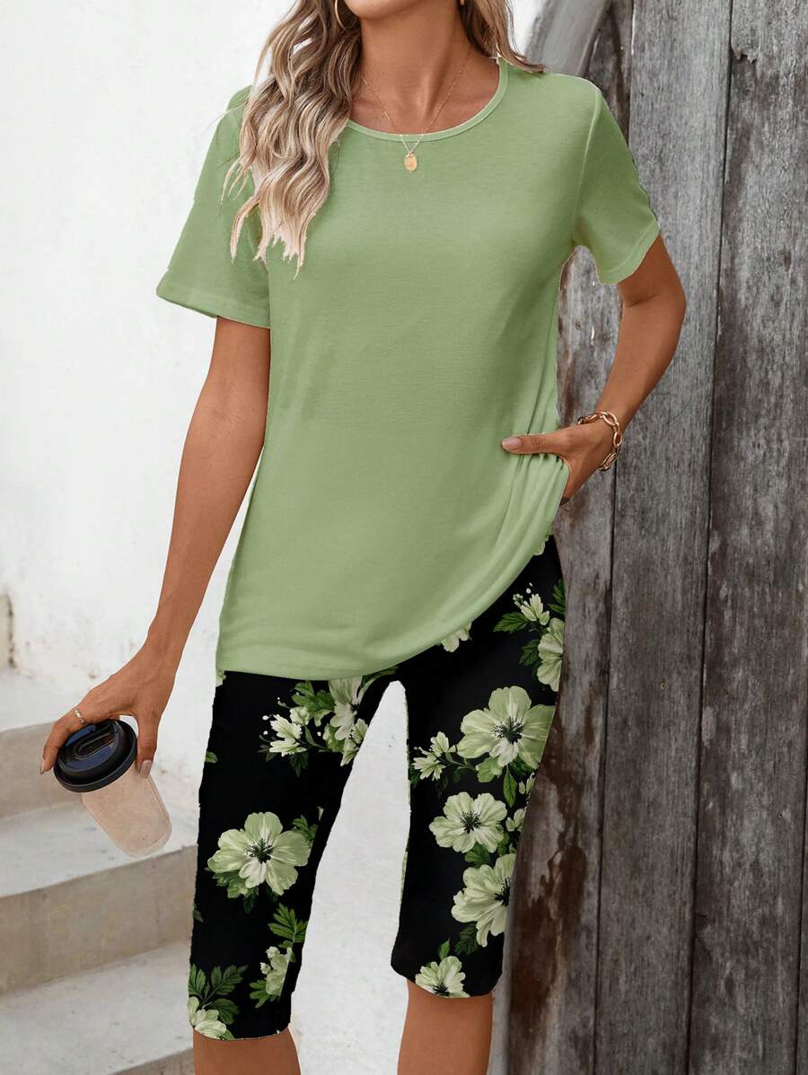 EMERY ROSE 2 piezas Conjunto informal y elegante de mujer con diseño floral y contraste de colores, adecuado para el verano