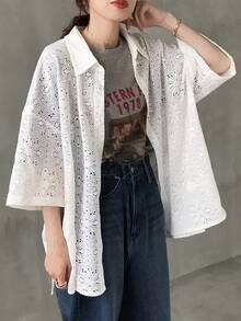 FRIFUL 女士夏季度假休闲白色蕾丝宽松落肩衬衫