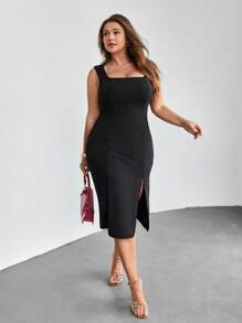 SHEIN Privé Plus Split Thigh Dress - Black - View 12