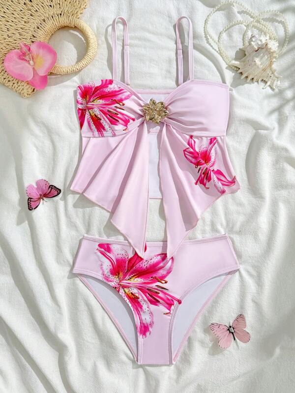 Tween Girls Spaghetti Strap Bikini, Pink Base With Large Floral Bikini Set, Teen Girls Beach Swimsuit, Spring/Summer Bathing Suits For Girls Kids Girls Bathing Suits Bow One Piese Bathing Suit For Girls Bathing Suit For Girls Bathing Suits For Girls One Price