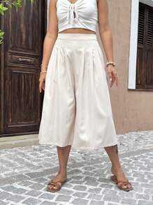 SHEIN Clasi 大码女式优雅休闲法式纯色前折后松紧腰七分裤，适合春夏通勤和度假 - 杏色 - 查看 5