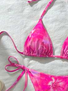 Swim Vcay Women's Sexy Random Print Halter Neck Tied Bikini Set, Summer - Hot Pink - View 4