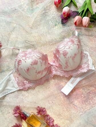 FloralLove Padded, Underwire, High-Support, Embroidered, Pink, Floral Romantic, Ruffle, Sweet, Lift & Enhance Women's Bra  Cozy And Elegant Details