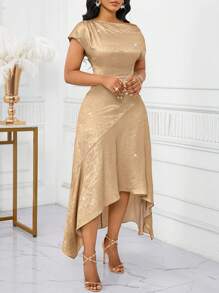 SHEIN Lady 斜领金色面料女士中长连衣裙优雅连衣裙毕业礼服/婚礼宾客礼服女士生日和活动礼服/办公室礼服/教堂礼服/婚礼礼服/节日礼服/ - 金色 - 查看 4