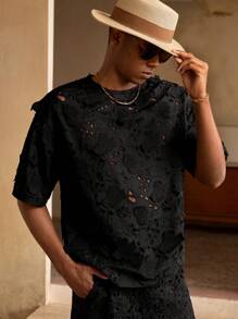 Manfinity BRENVOR 度假风格 3D 刺绣花卉镂空宽松休闲男士 T 恤，Rave - 黑色 - 查看 1