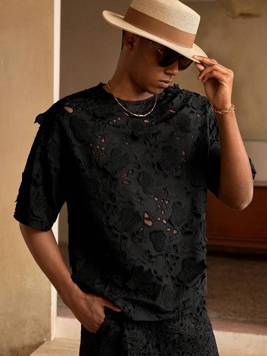 Manfinity BRENVOR 度假风格 3D 刺绣花卉镂空宽松休闲男士 T 恤，Rave - 黑色 - 查看 1