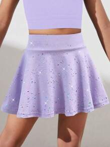 SHEIN Young Girls Activewear Purple Star Print Elastic Waist Comfortable Breathable Mini Skirt, For Yoga, Indoor Dance
