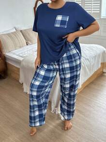 SHEIN Plus Size Women Casual Plaid Pattern Print Top & Pants Pajama Set, Outfits - Blue - View 5