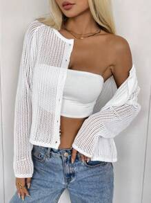 SHEIN EZwear 女士白色纽扣前休闲百搭长袖开衫 - 白色 - 查看 9