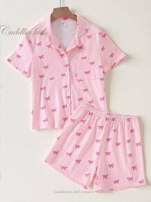 Tween Girl Cute Pink And White Striped Classic Bow Collar Button Front Short Sleeve Shorts 2 Pieces Casual Comfortable Pajama Set,Summer,Travel,Sleep - Pink - View 1