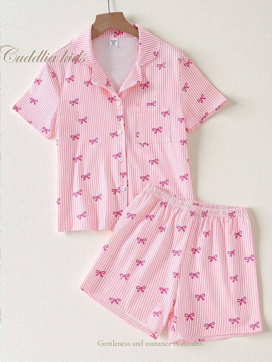 Tween Girl Cute Pink And White Striped Classic Bow Collar Button Front Short Sleeve Shorts 2 Pieces Casual Comfortable Pajama Set,Summer,Travel,Sleep - Pink - View 1