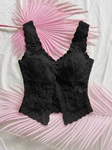 Soleia 女士刺绣开衩下摆拼接蕾丝花边休闲背心，适合度假、派对、下午茶、海滩、约会、夏季 - 黑色 - 查看 3