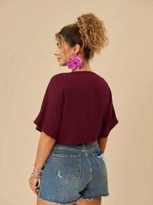 Travachic Plus Size Women's Summer Sexy Casual Solid Color Batwing Sleeve Knotted Front Cropped Blouse - Burgundy - View 2