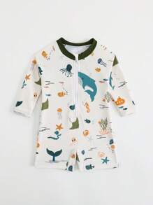 新生儿和幼儿男童前拉链防紫外线泳衣连体衣，适合夏季海滩度假