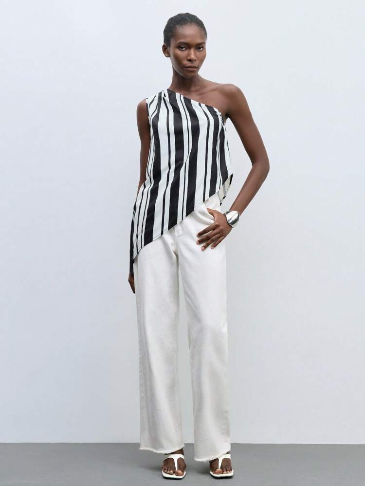 SHEIN Maija Damski top w czarno-białe paski na lato, elastyczny pasek na jedno ramię, asymetryczny dół, seksowny i modny top, luźny i wygodny, odpowiedni na wakacje w kurorcie i na plaży. Letni top damski na wyjście.