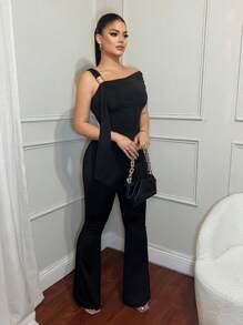 SHEIN SXY 不对称领口纯色优雅短袖连体衣，夏季黑色连体裤，婚礼宾客女士，外出上衣，商务休闲女士，教师装，工作女士服装 - 黑色 - 查看 1