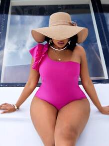 Slaydiva 1 Pc Plus Size Solid Color Knitted Fabric Wide Strap Double Ruffle Trim Backless Slimming Casual Swimsuit - Hot Pink - View 5