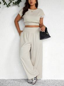 SHEIN Frenchy 2pcs/Set Plus Size Women White Summer Casual Everyday Fashion Short Sleeve Top & Long Pants Set,Commuting 2025 Spring New Outfits,Two Piece Set Women - Apricot - View 1