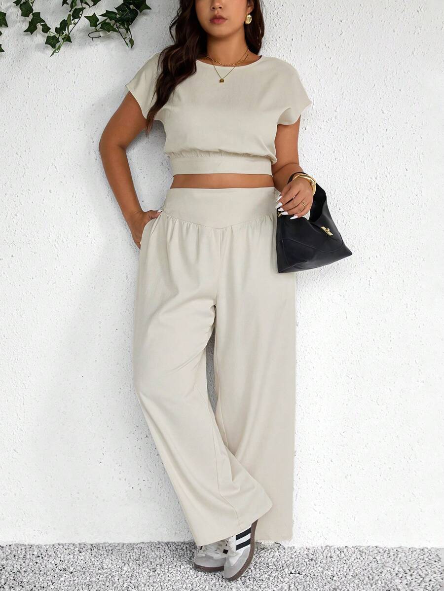 SHEIN Frenchy 2pcs/Set Plus Size Women White Summer Casual Everyday Fashion Short Sleeve Top & Long Pants Set,Commuting 2025 Spring New Outfits,Two Piece Set Women - Apricot - View 1