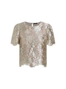 Ellevyn Blusa con cuello redondo, manga abullonada y estampado de conchas y flores en jacquard - Plateado - Ver 9