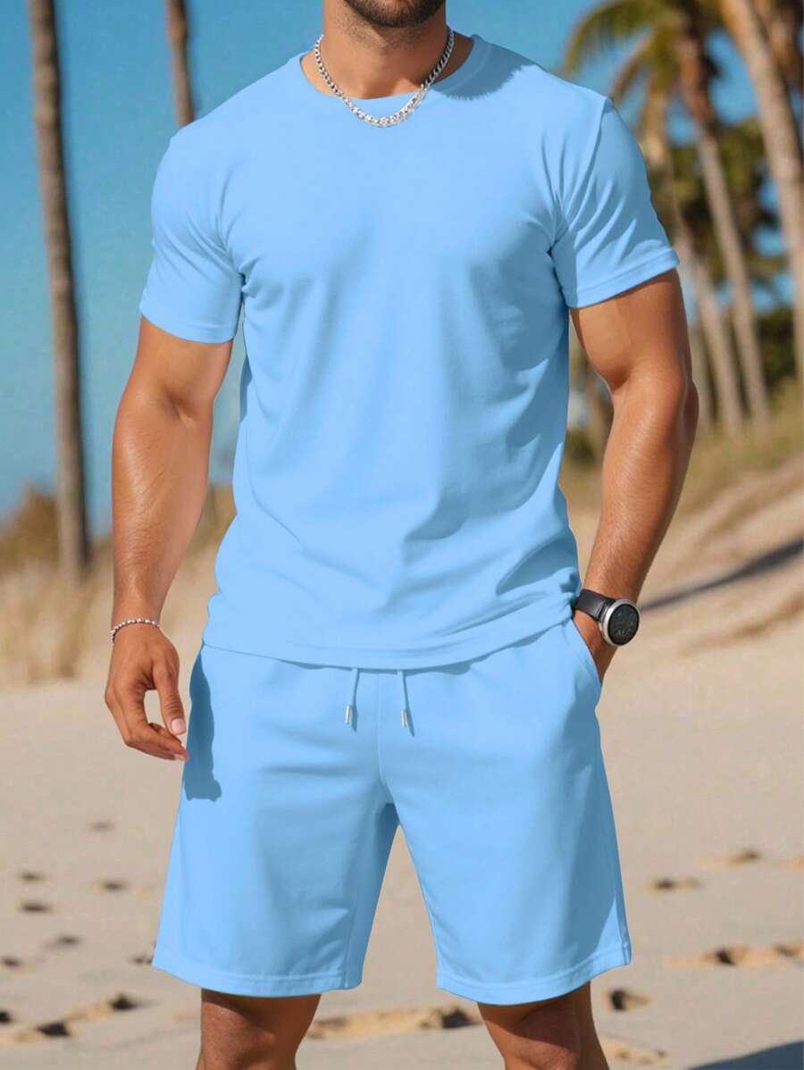 Manfinity Dauomo 男士 T 恤和短裤套装，夏季休闲百搭风格，舒适装扮 - 藍色 - 查看 1