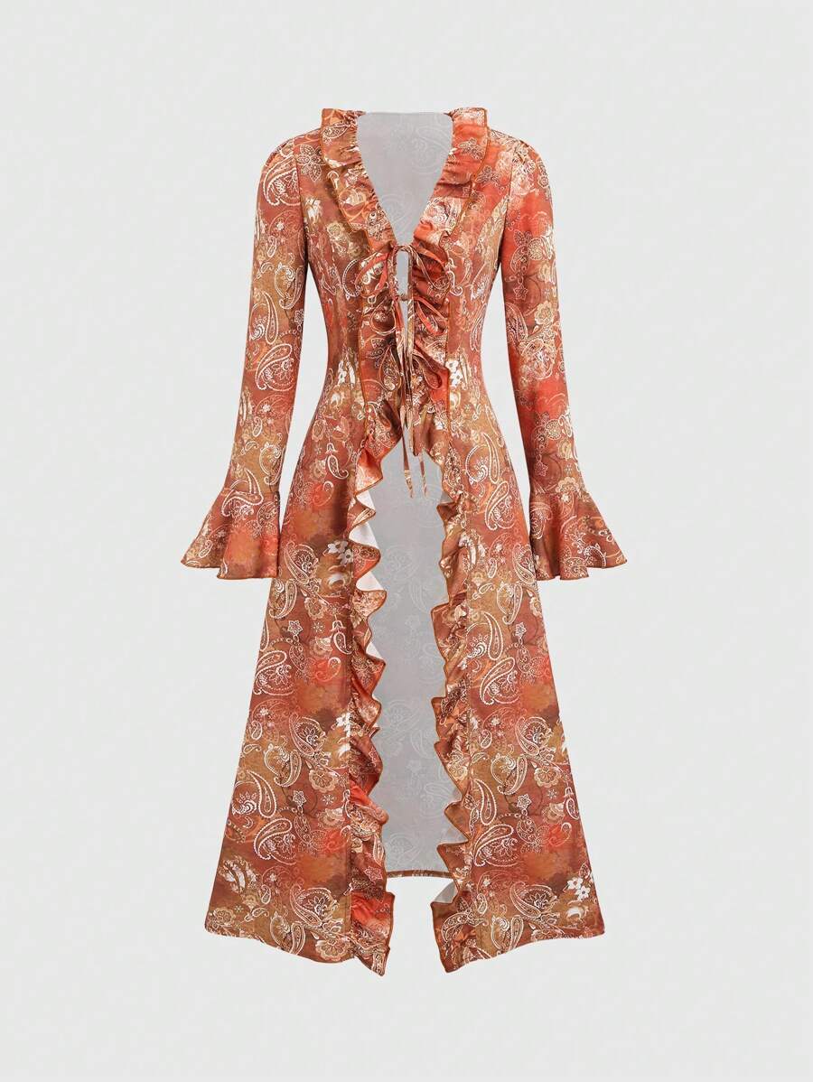 Sweetra Retro French Ditsy Floral Ruffle Hem Women Regular Jacket, New Bell Sleeve Cinched Waist Long Sunscreen Cardigan Fall Cloth For Women