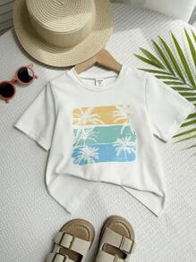 Camiseta de manga corta de punto con cuello redondo y estampado de vacaciones lindo y casual para niños pequeños, adecuada para el trayecto, la escuela, el uso diario casual, las vacaciones, los deportes, la primavera, el verano, el otoño y el invierno