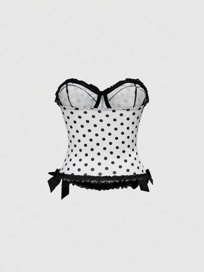 ROMWE Avant Plus Size Women Contrast Lace Bow Polka Dot Print Camisole Top