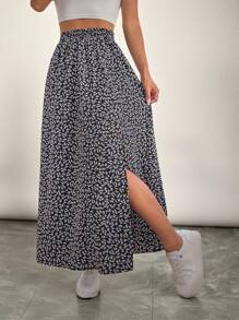 SHEIN VCAY Plus Size Women's Casual Ditsy Floral Elastic Waist Slit Hem Skirt, Autumn