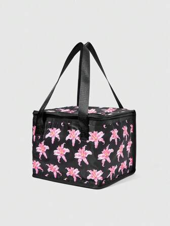 Kawaii 1pc Pink Orchid Flower Print Kawaii Stylish Large Capacity Insulated Waterproof Lunch Bag, Suitable For Back To School Season And Picnics