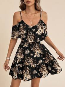 Amorya Women's Romantic Floral & Plant Print Off Shoulder Ruffle Hem Strap Summer Holiday Dress,Summer Dresses For Women