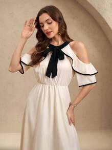 EMERY ROSE Women's Elegant Color Block Off Shoulder Tie-Waist Ruffle Hem A-Line Dress, Spring/Summer - Multicolor - View 6