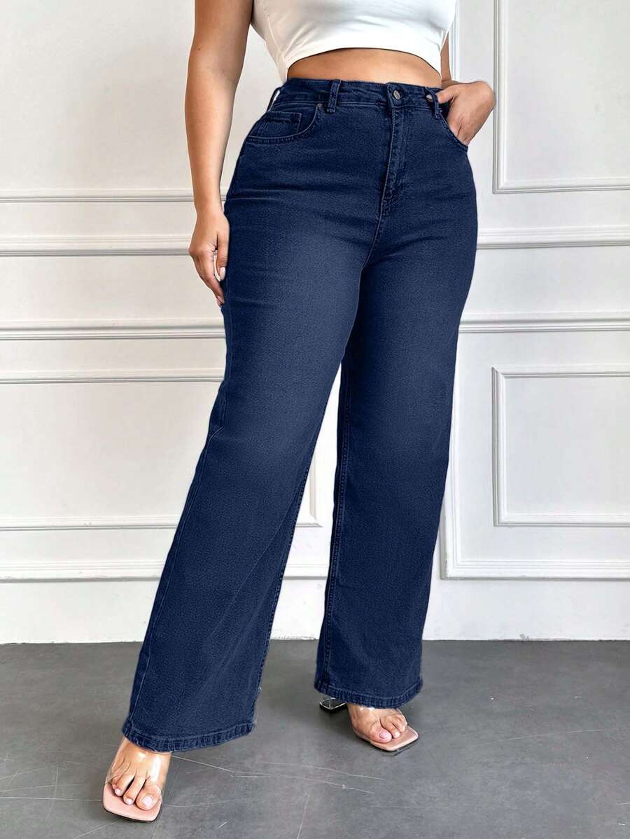 RueChic 97% Cotton Plus Solid Straight Leg Jeans - Medium Wash - View 1