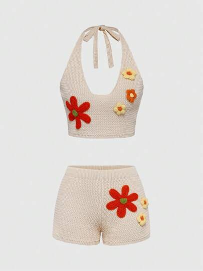 Women's Solid Color Knitted 3D Floral Camisole Top And Floral Shorts Set, Spring/Summer