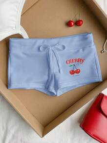 Comfortcana 樱桃印花抽绳腰修身短裤，蓝色 - 藍色 - 查看 1