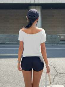 Jouncy Women's Number Print Off-Shoulder Round Neck Short Sleeve T-Shirt, Summer