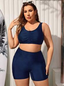 Swim Lushoire Plus Size Women Holiday Solid Color Ruffle Zipper Front Tankini Top For Summer Beach Vacation - Navy Blue - View 5