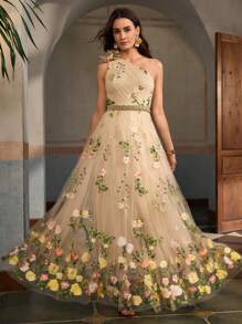 ZEYLAH 3D花卉刺绣网眼女式连衣裙 - 黃色 - 查看 7