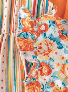 3 件套幼儿女童波西米亚花卉条纹拼布圆领荷叶边盖袖休闲连衣裙，夏季日常穿着