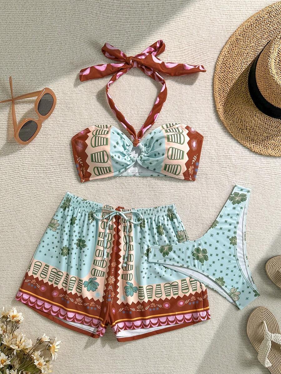 Soleia 女士泳衣 女士沙滩装 泳装 度假沙滩罩衫 三件套 女士新款渐变图案 浪漫优雅性感派对印花挂脖系带比基尼迷你裙泳装套装 波西米亚风套装 夏季两件套 两件套夏季套装 夏季两件套 两件套沙滩装