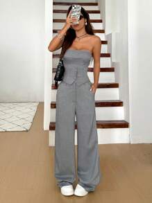 SHEIN Conjunto de dos piezas de ropa de calle para adolescentes primavera/verano, top corto gris + pantalón recto, con bolsillos laterales y tirantes invisibles - Gris - Ver 6