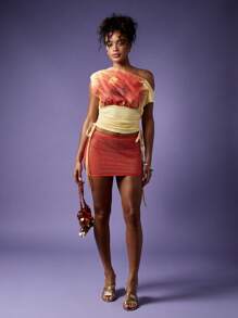 MISSGUIDED Mesh Mini Beach Cover Up Skirt Crystal Rhinestone Hotfix Embellished Evening Party Swim Wrap - Orange - View 3