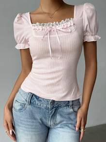 Elenzga 方领纹理蕾丝拼布蝴蝶结优雅甜美女士 T 恤，派对和节日风格/可爱夏季上衣/节日服装/夏季服装/系带前襟/荷叶边/蕾丝 - 淺粉色 - 查看 1