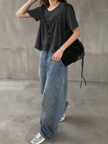 FRIFUL 2 件套女式蝴蝶结荷叶边下摆短袖上衣，宽松圆领 - 灰色 - 查看 2