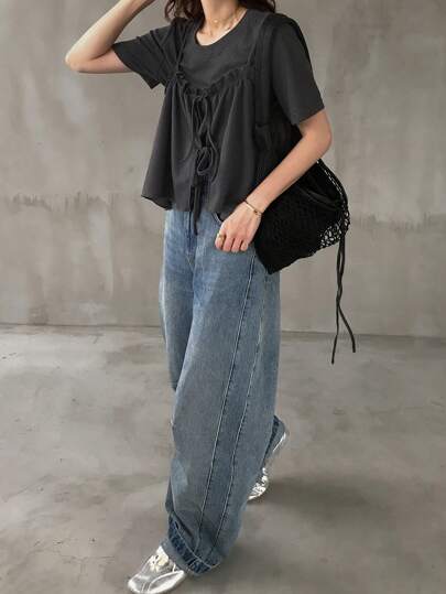 FRIFUL 女士蝴蝶结荷叶边短袖上衣两件套，宽松圆领家居服套装