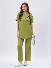 Scrubzie 2pcs Set Crew Neck Short Sleeve Top With Wrinkle-Resistant, Long Pants Uniform - Green - View 3