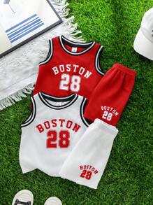 SHEIN Set de 4 piezas de ropa de verano informal para niño bebé que incluye camiseta de baloncesto con estampado y shorts