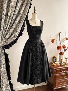 Vintamour Váy nữ thanh lịch cổ điển, váy ba lỗ chắp vá bằng vải jacquard có viền ô, màu trắng, mùa xuân/hè - màu đen - Xem 4