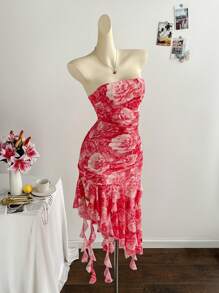 Soleia 女士浪漫花卉网眼荷叶边抹胸长裙，适合节日、约会、情人节、下午茶