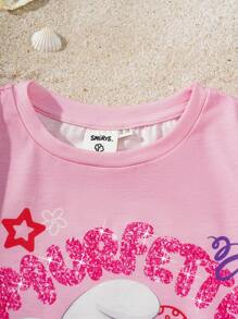 The Smurfs X SHEIN T-shirt à manches courtes rose d'été avec encolure ronde, motifs de musique pailletés et de dessins animés pour préadolescentes